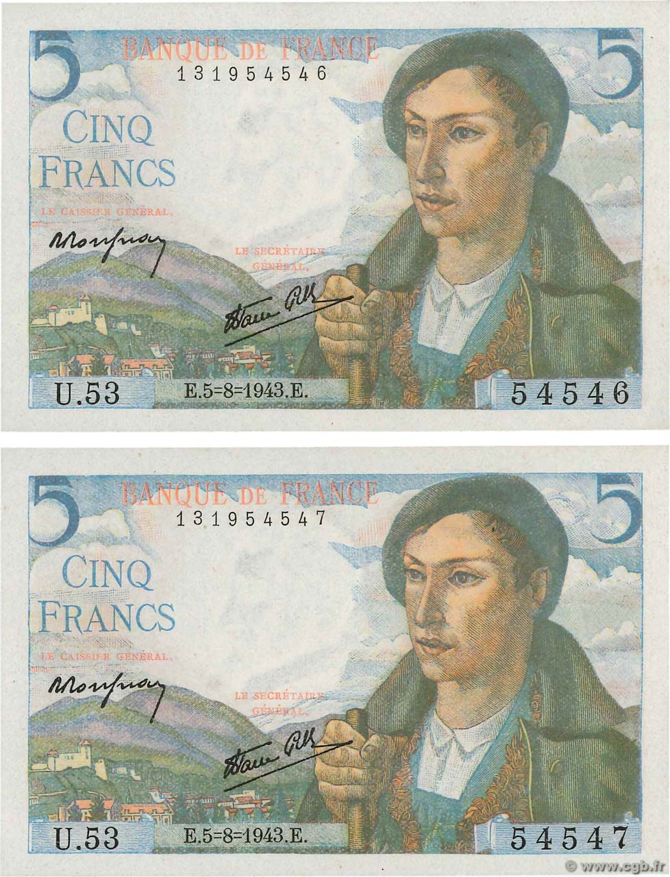 5 Francs BERGER Consécutifs FRANCE  1943 F.05.03 pr.NEUF