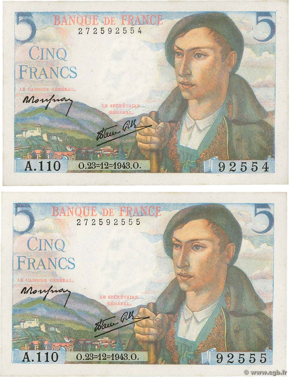 5 Francs BERGER Consécutifs FRANCIA  1943 F.05.05 q.FDC