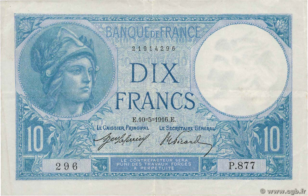 10 Francs MINERVE FRANCE  1916 F.06.01 TTB