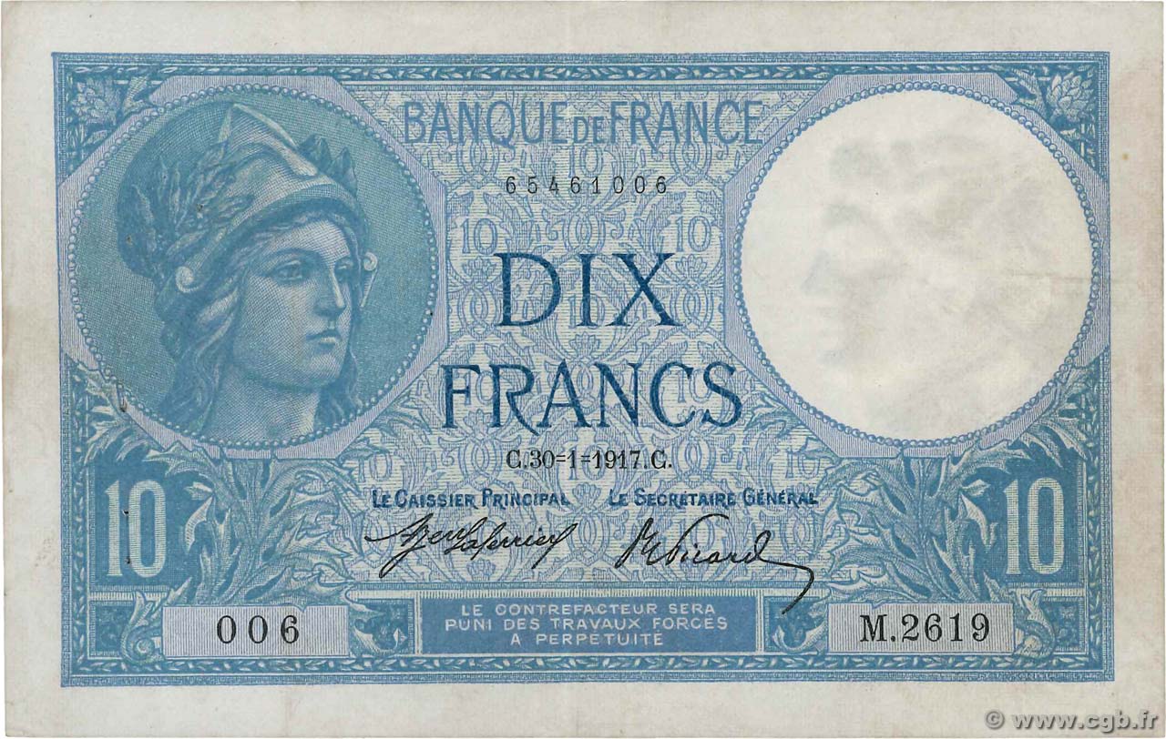 10 Francs MINERVE FRANCIA  1917 F.06.02 BB