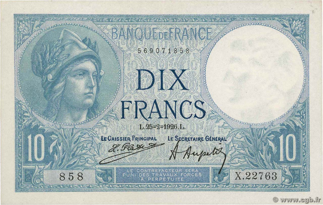 10 Francs MINERVE FRANCE  1926 F.06.10 pr.SUP