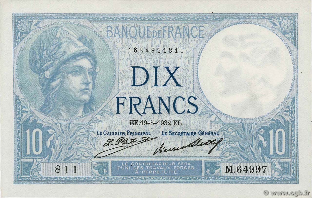 10 Francs MINERVE FRANCIA  1932 F.06.16 q.FDC
