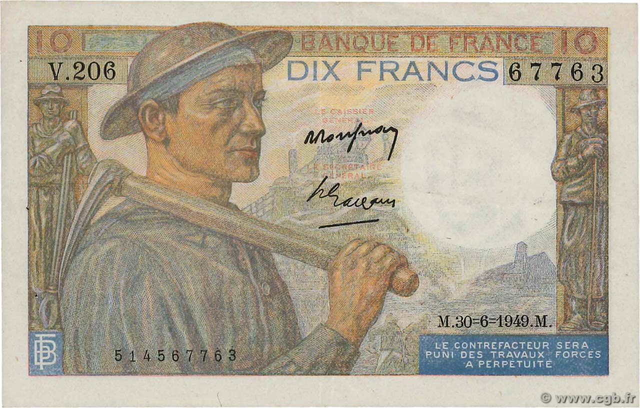 10 Francs MINEUR FRANCE  1949 F.08.22a VF+