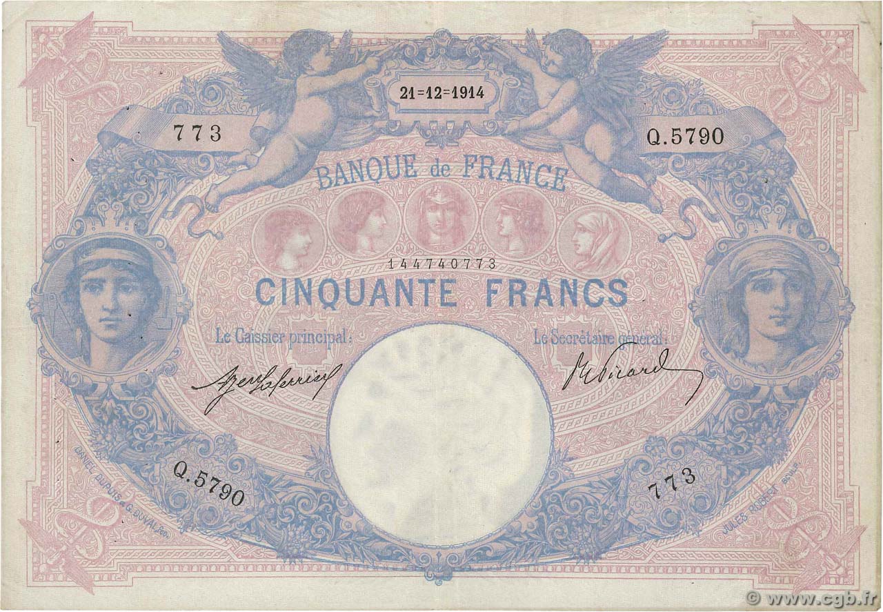 50 Francs BLEU ET ROSE FRANCIA  1914 F.14.27 MBC