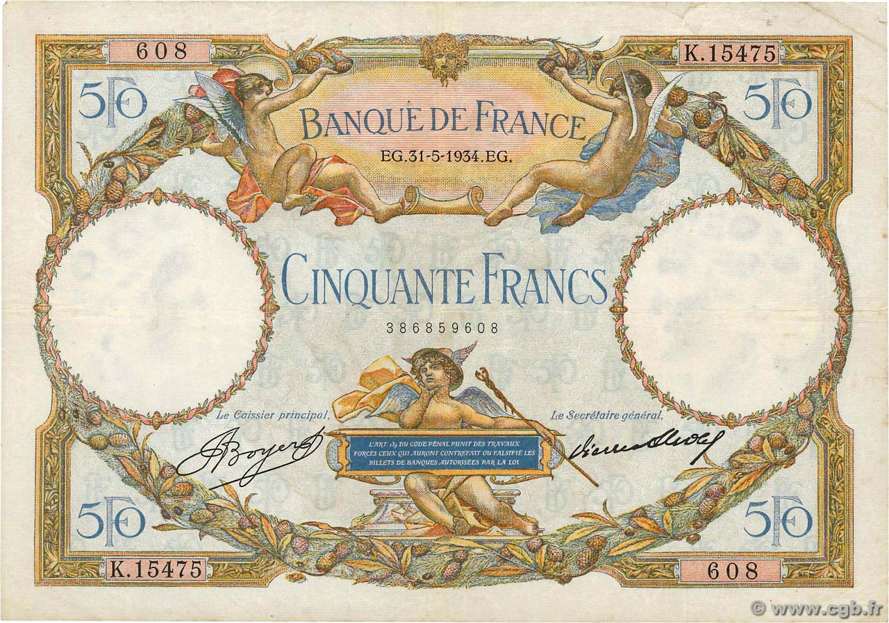 50 Francs LUC OLIVIER MERSON type modifié FRANCIA  1934 F.16.05 MBC