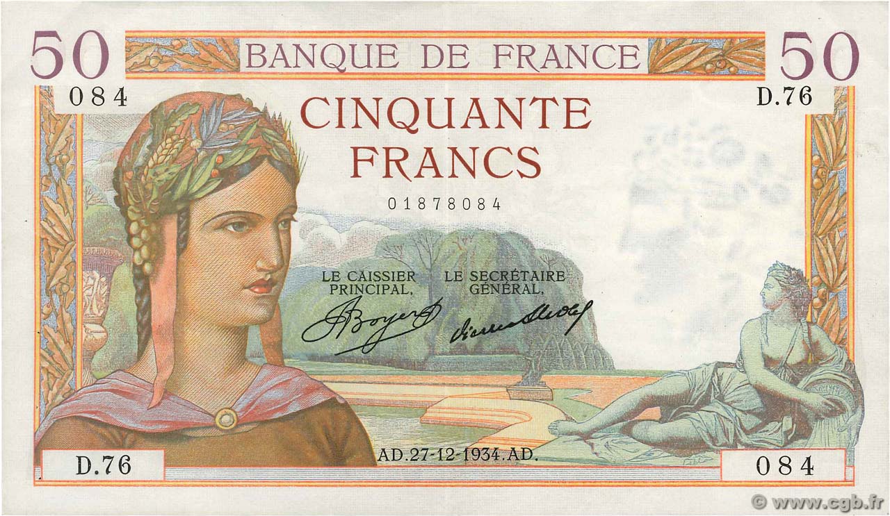 50 Francs CÉRÈS FRANKREICH  1934 F.17.02 fVZ