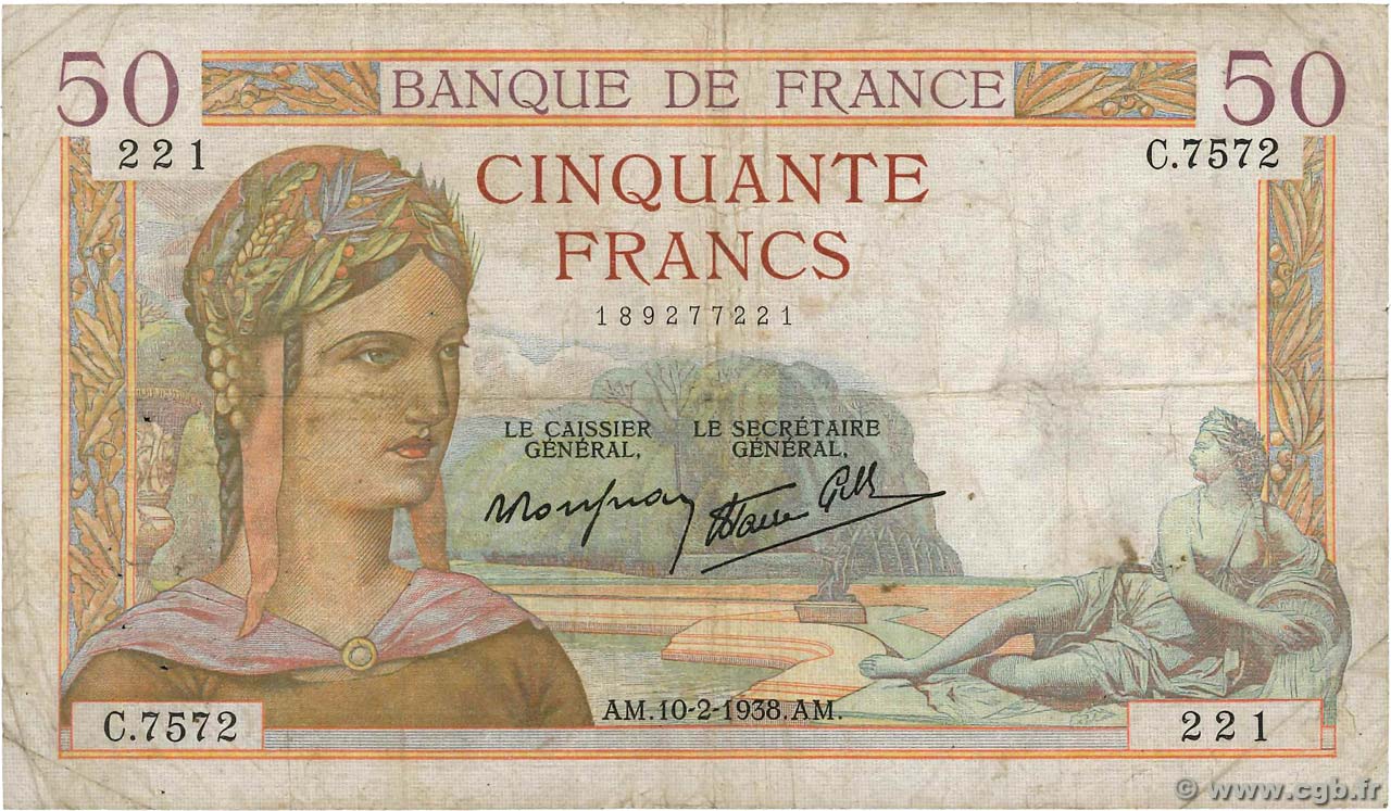 50 Francs CÉRÈS modifié FRANCE  1938 F.18.08 B