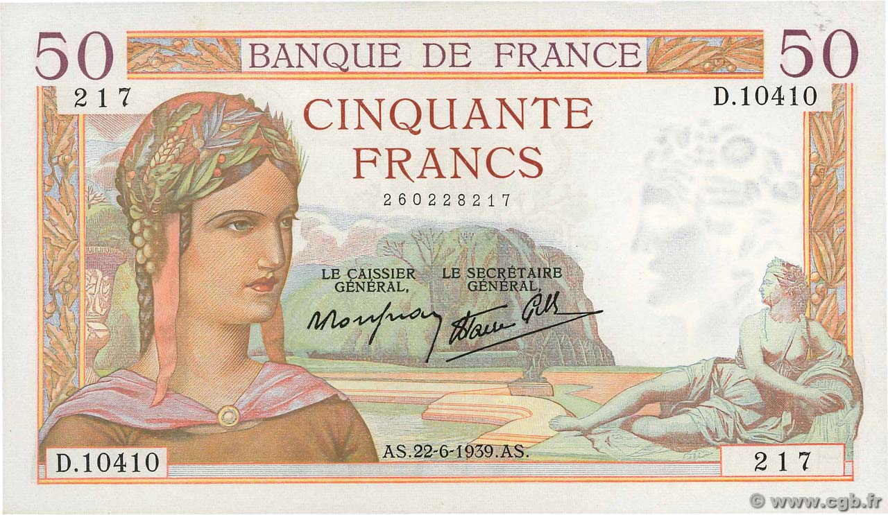 50 Francs CÉRÈS modifié FRANCIA  1939 F.18.27 AU