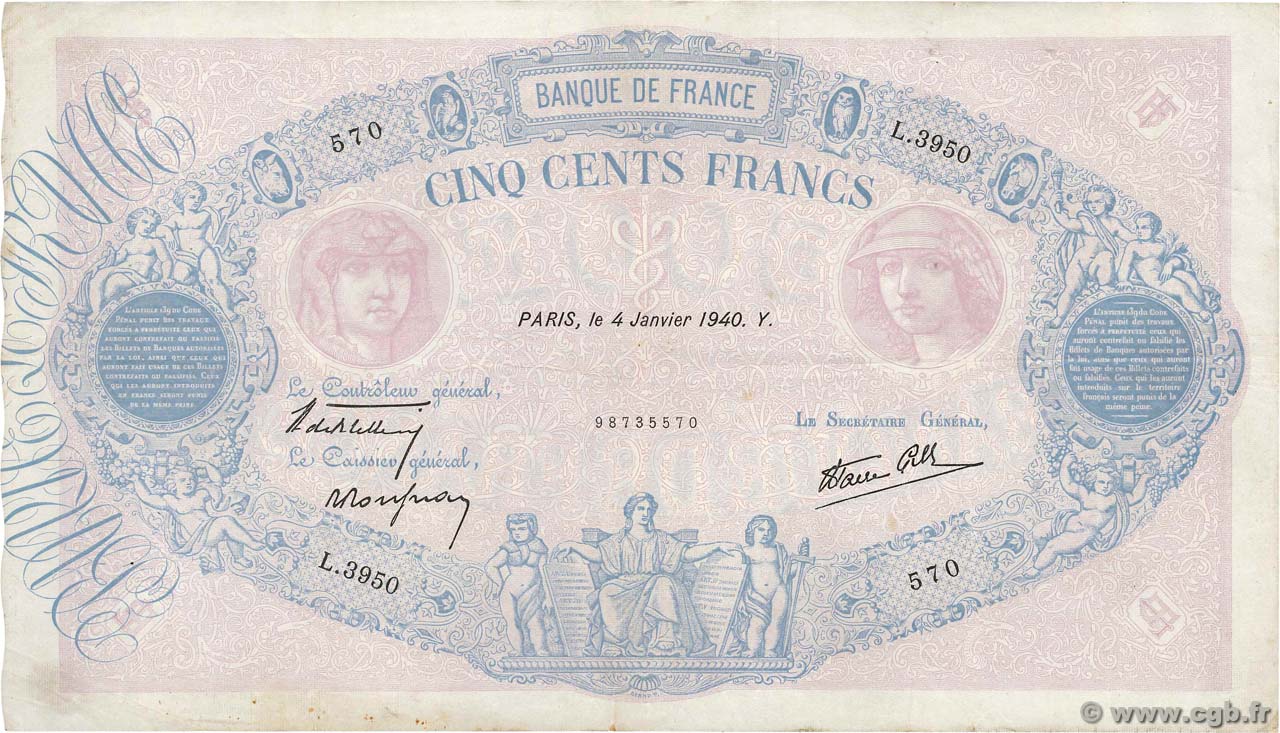 500 Francs BLEU ET ROSE modifié FRANCE  1940 F.31.55 pr.TTB