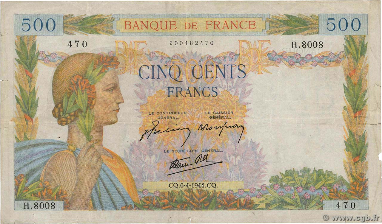 500 Francs LA PAIX FRANKREICH  1944 F.32.46 S