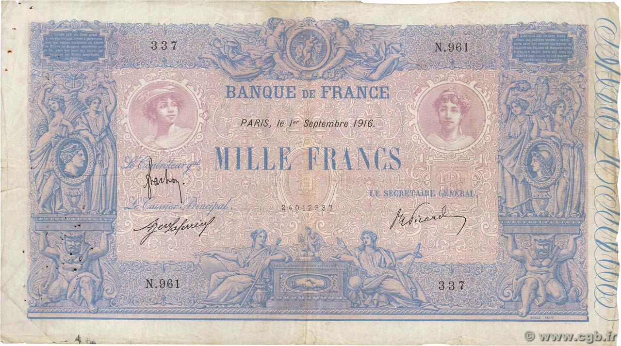 1000 Francs BLEU ET ROSE FRANKREICH  1916 F.36.30 S