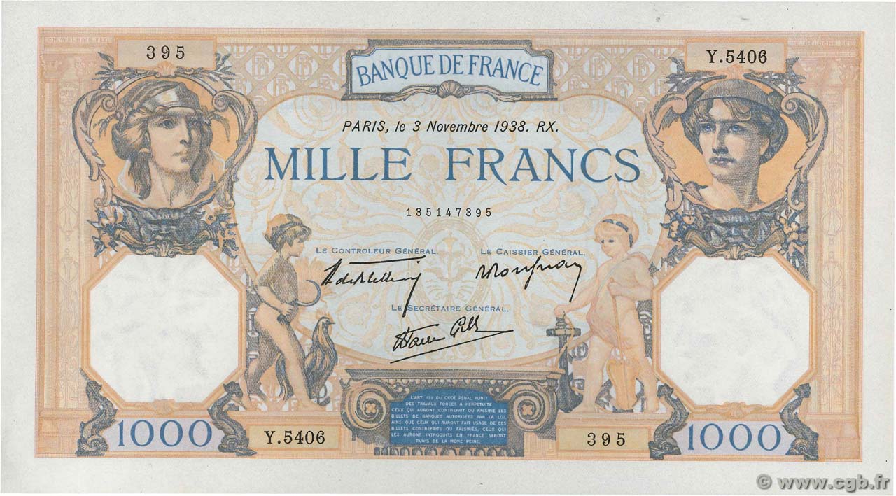 1000 Francs CÉRÈS ET MERCURE type modifié FRANCE  1938 F.38.32 AU