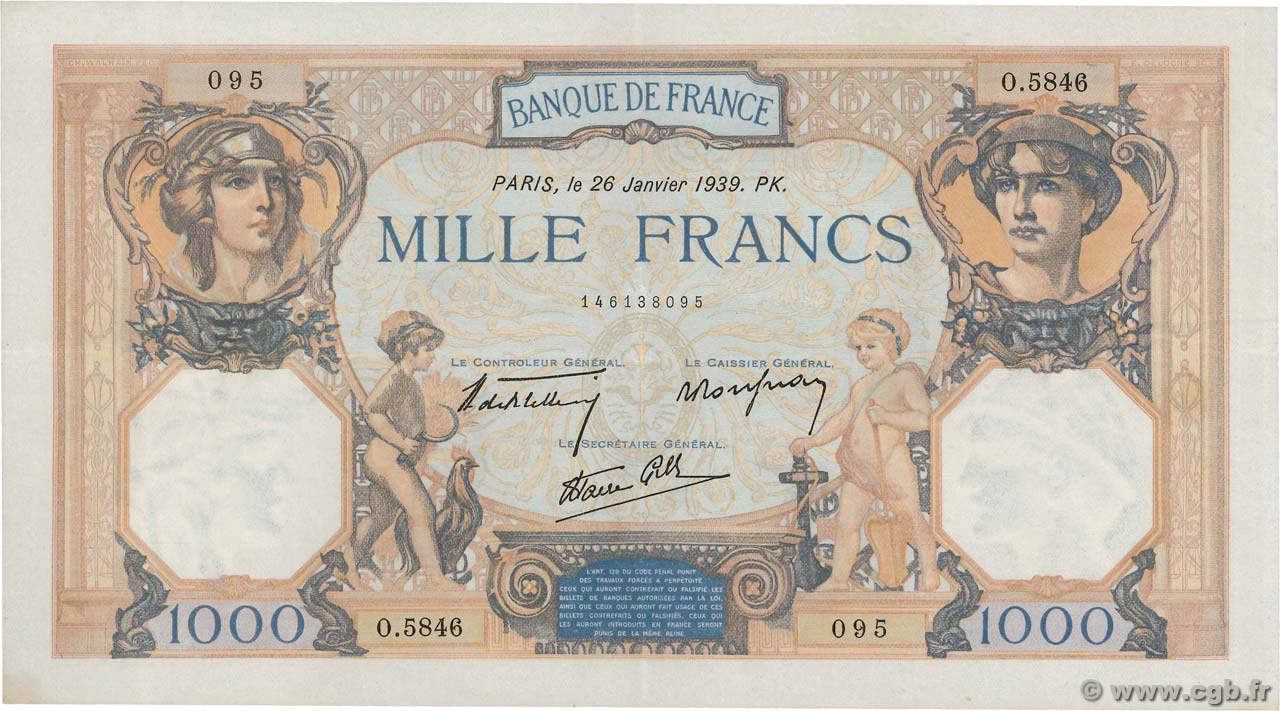 1000 Francs CÉRÈS ET MERCURE type modifié FRANCE  1939 F.38.33 pr.SUP