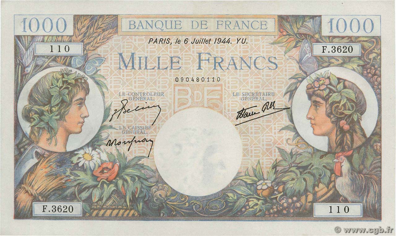 1000 Francs COMMERCE ET INDUSTRIE FRANCIA  1944 F.39.10 EBC