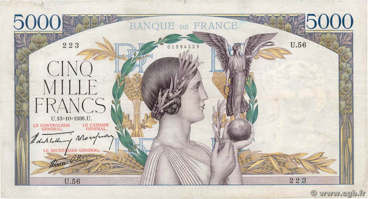 5000 Francs VICTOIRE modifié, taille douce FRANCIA  1938 F.45.01 q.BB