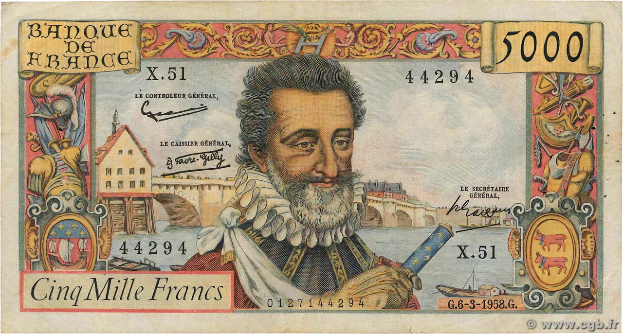 5000 Francs HENRI IV FRANCE  1958 F.49.06 F+