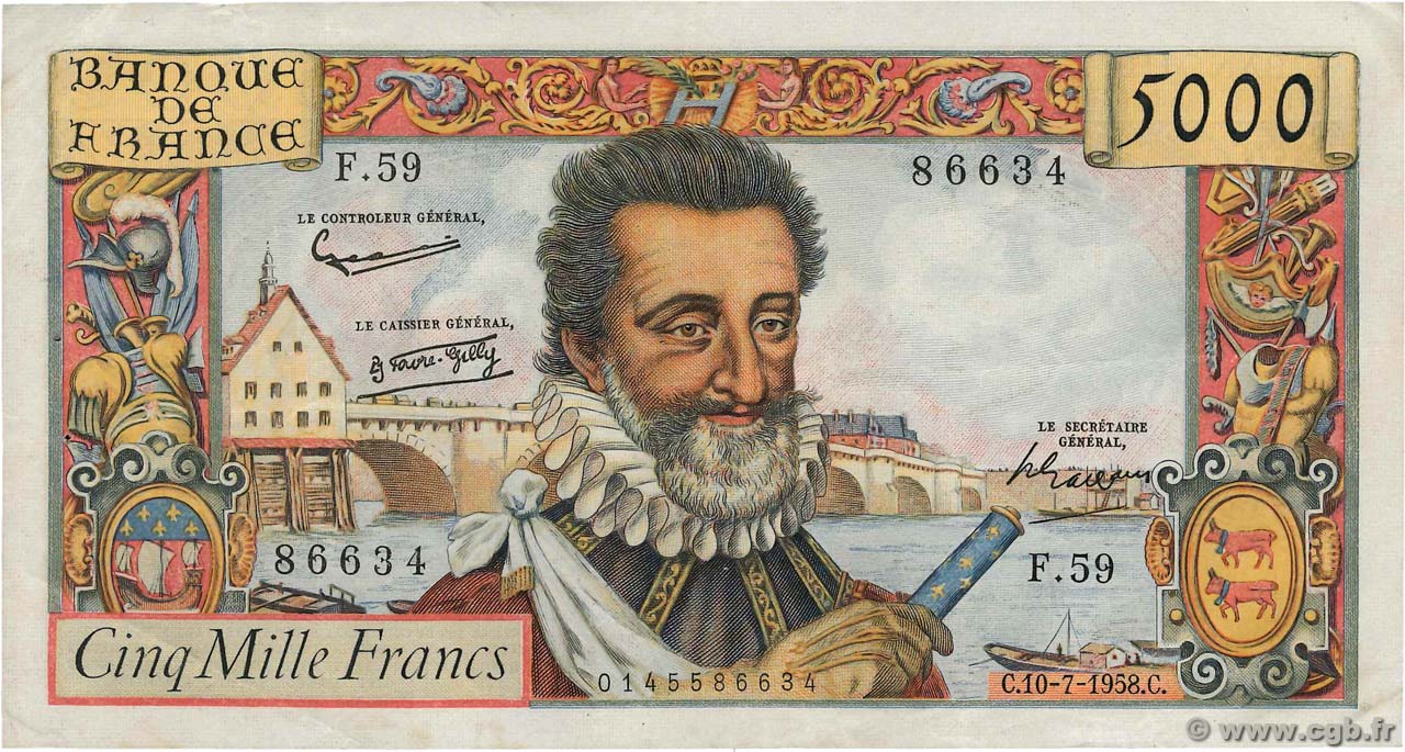 5000 Francs HENRI IV FRANCE  1958 F.49.07 VF