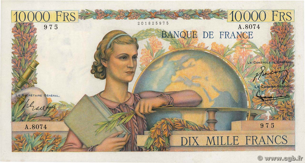 10000 Francs GÉNIE FRANÇAIS FRANCIA  1955 F.50.73 SPL