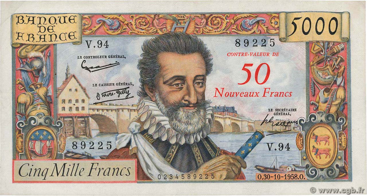 50 NF sur 5000 Francs HENRI IV FRANKREICH  1958 F.54.01 VZ