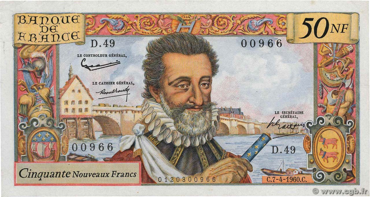 50 Nouveaux Francs HENRI IV FRANCIA  1960 F.58.05 q.BB