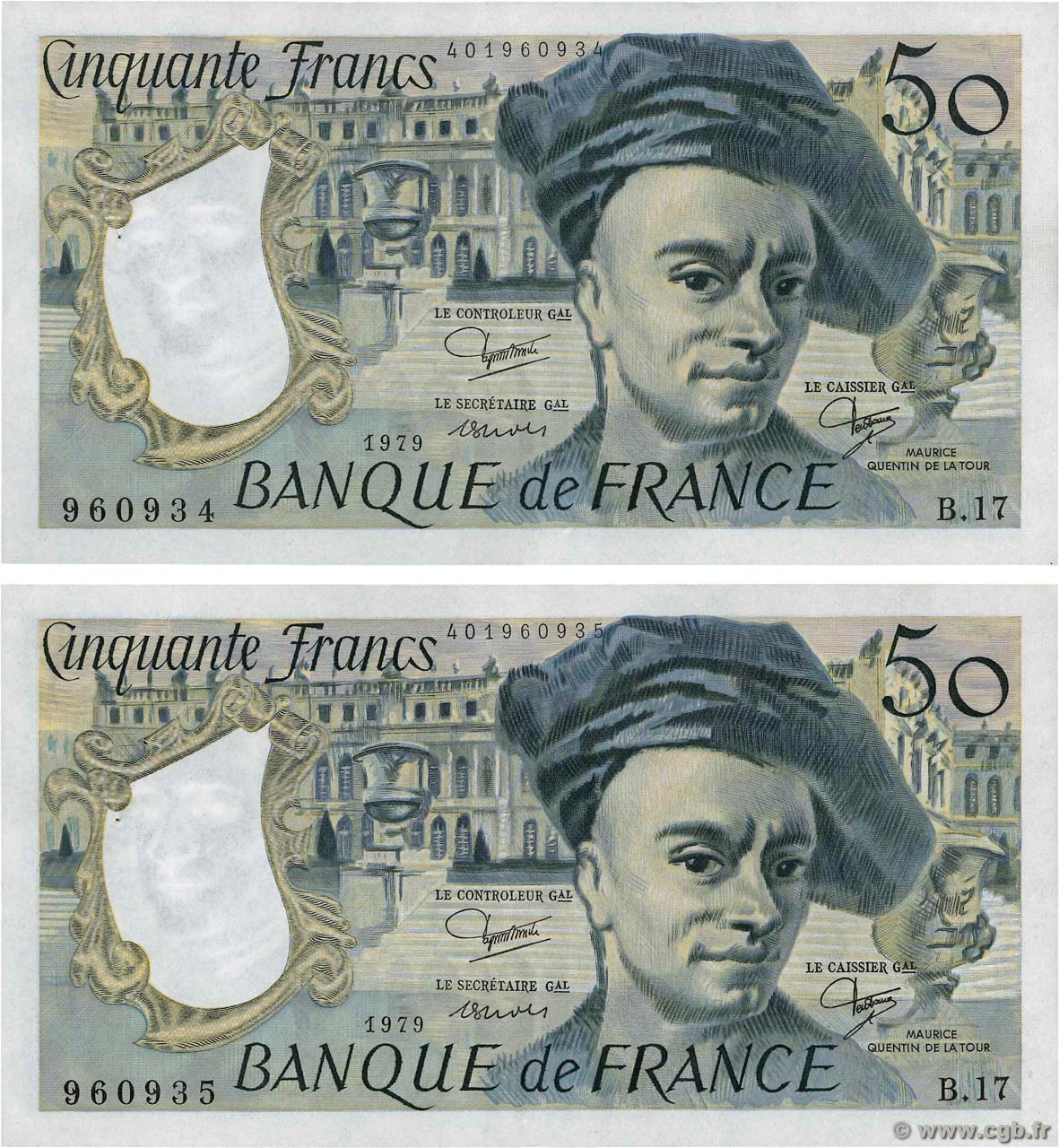 50 Francs QUENTIN DE LA TOUR Consécutifs FRANCE  1979 F.67.05 XF