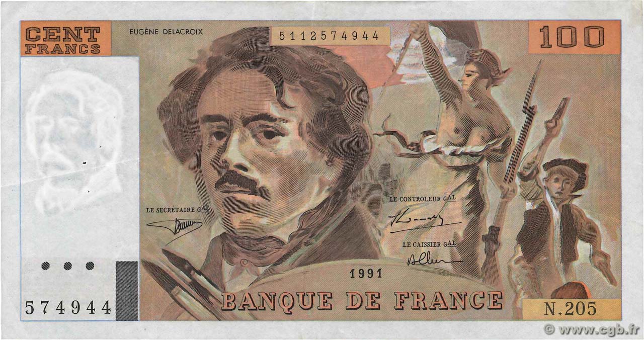 100 Francs DELACROIX imprimé en continu FRANCIA  1991 F.69bis.04c
 MBC