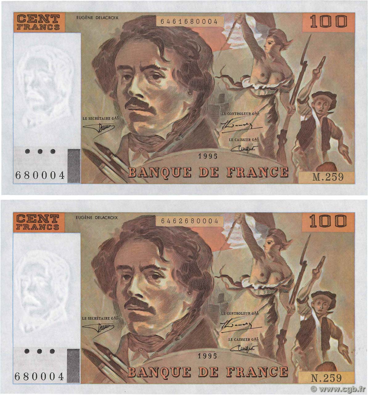 100 Francs DELACROIX 442-1 & 442-2 Numéro spécial FRANCE  1995 F.69ter.02a UNC