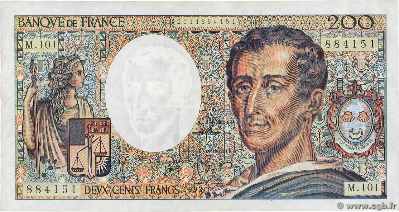 200 Francs MONTESQUIEU alphabet 101 FRANCE  1992 F.70bis.01 VF-