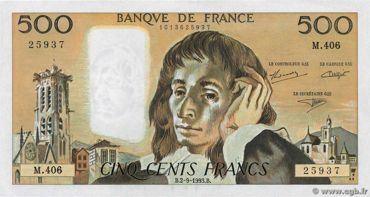 500 Francs PASCAL FRANCE  1993 F.71.52 XF