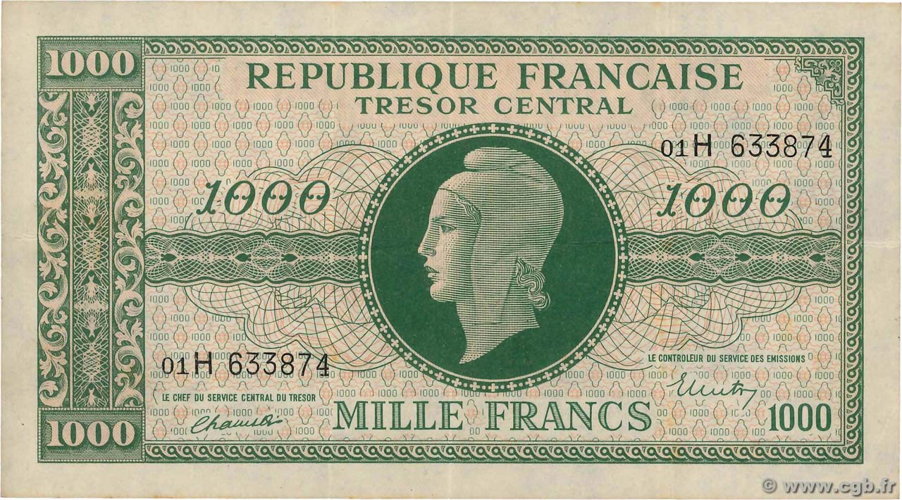 1000 Francs MARIANNE THOMAS DE LA RUE FRANCIA  1945 VF.13.03 MBC