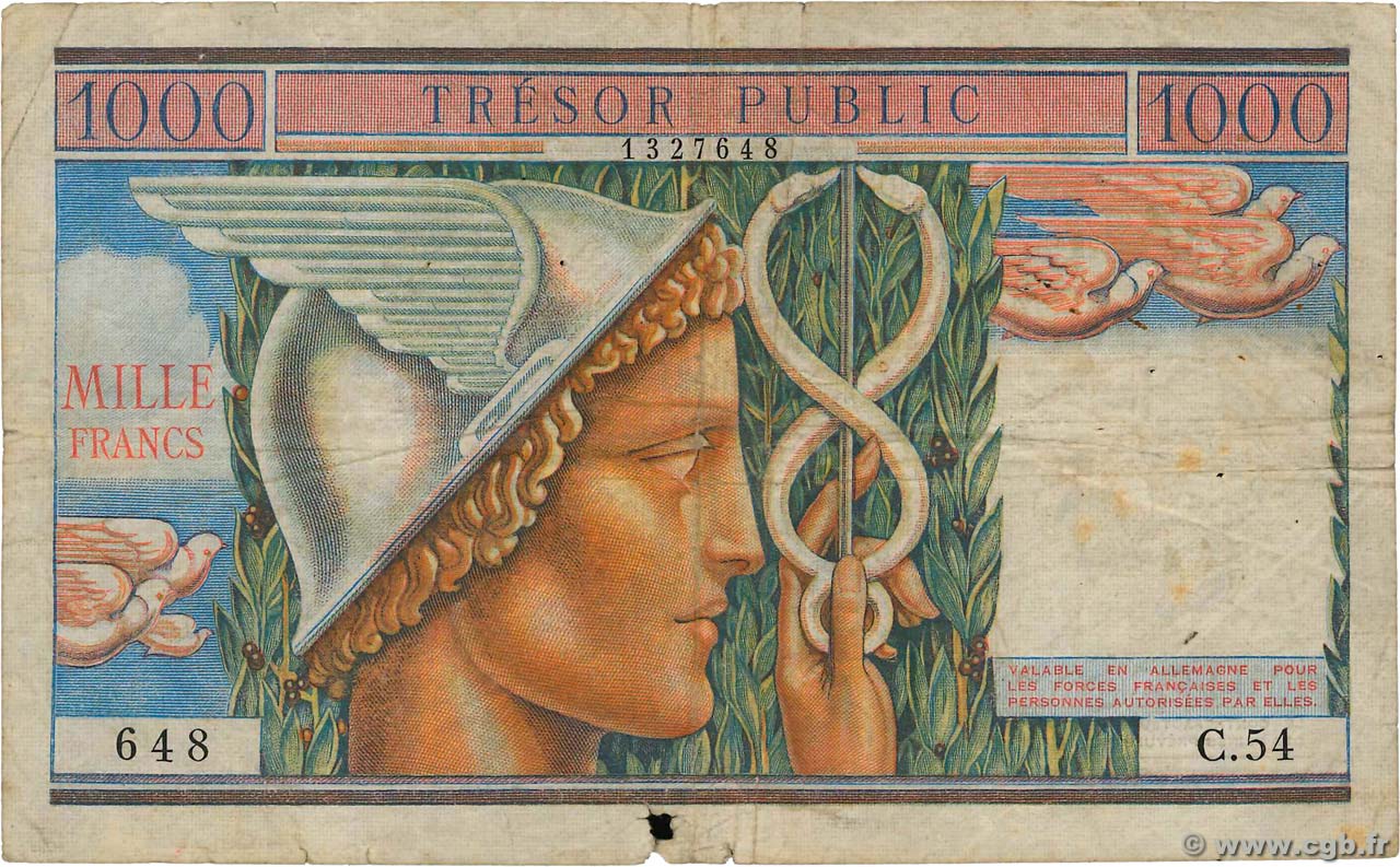 1000 Francs TRÉSOR PUBLIC FRANCE  1955 VF.35.01 pr.TB