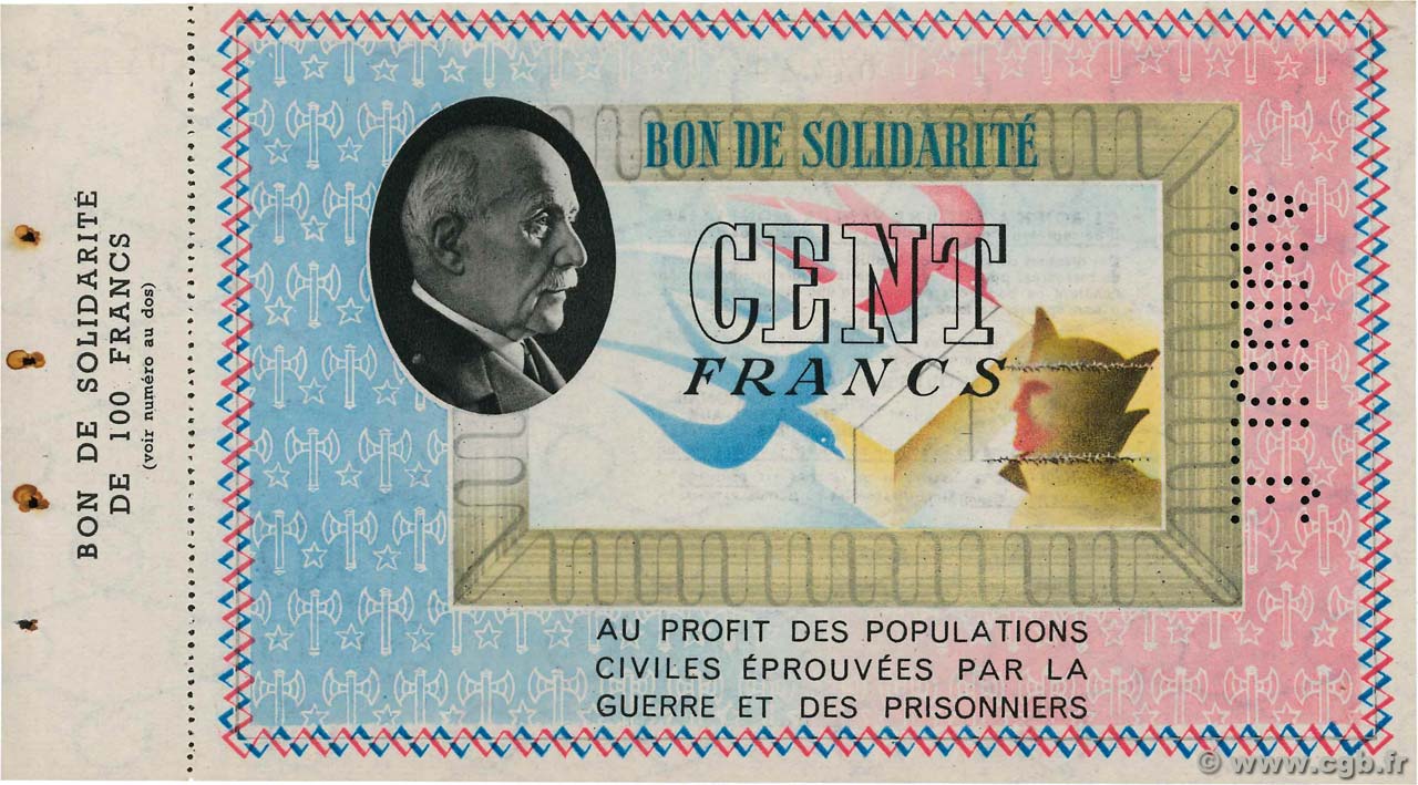 100 Francs BON DE SOLIDARITÉ Annulé FRANCE Regionalismus und verschiedenen  1941 KL.10B fST