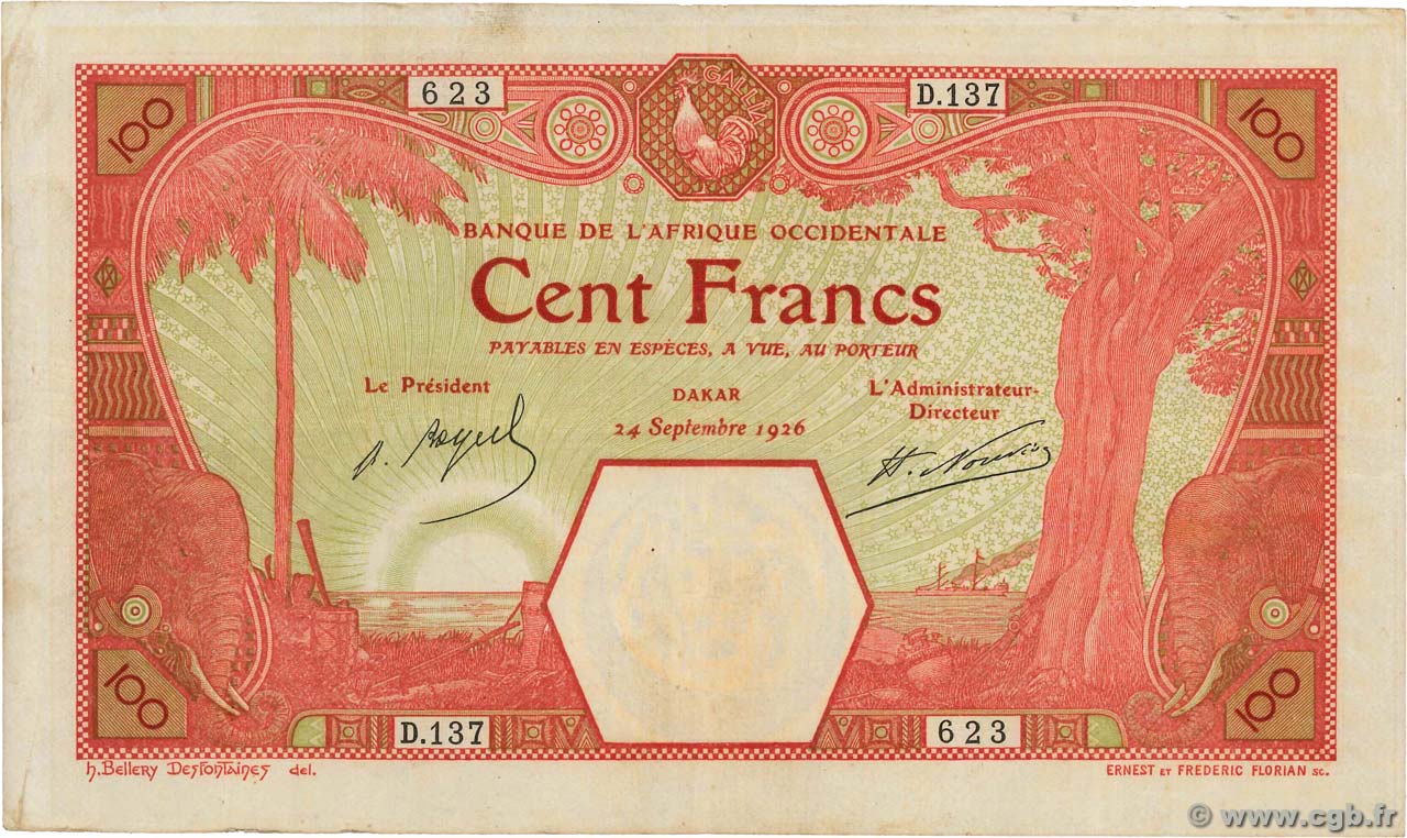 100 Francs DAKAR FRENCH WEST AFRICA Dakar 1926 P.11Bb VF-