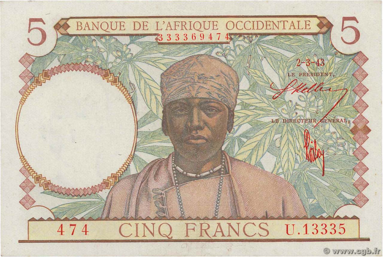 5 Francs FRENCH WEST AFRICA  1943 P.26 SC