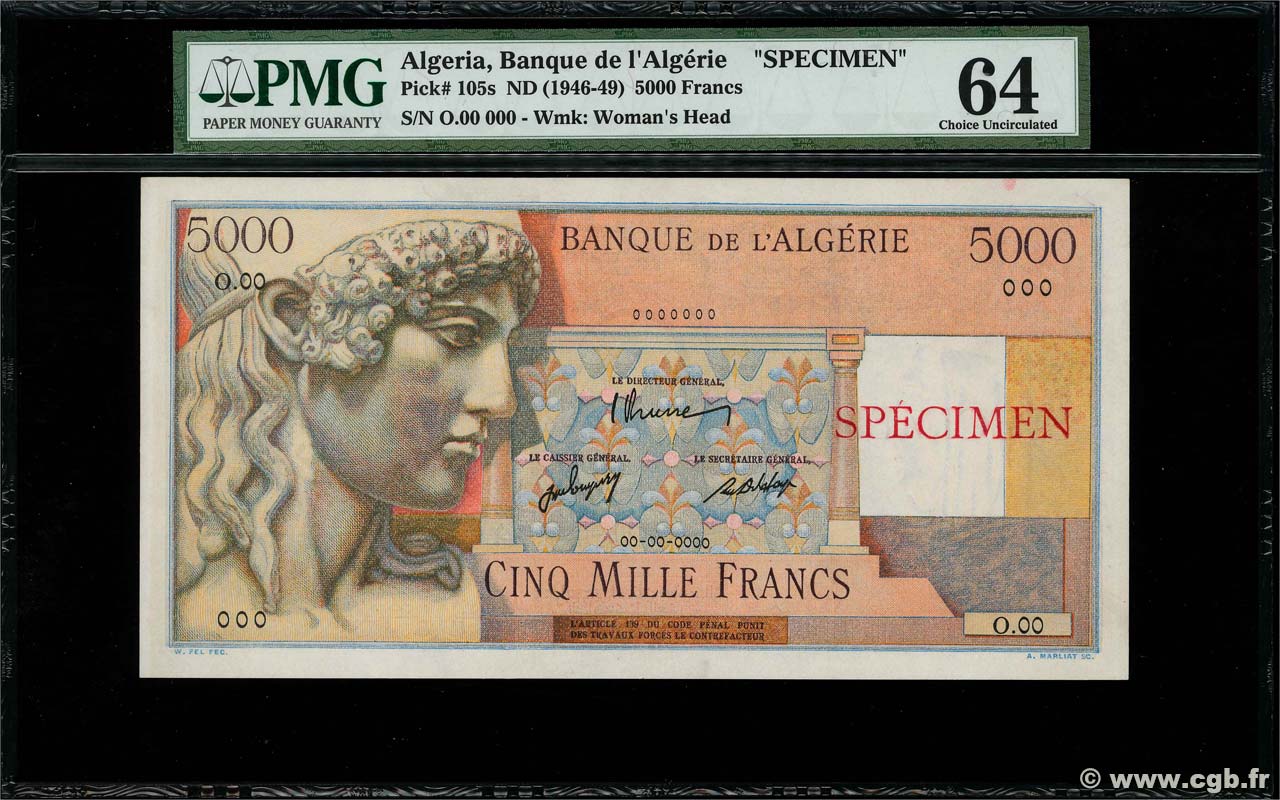 5000 Francs Spécimen ALGERIEN  1946 P.105s fST