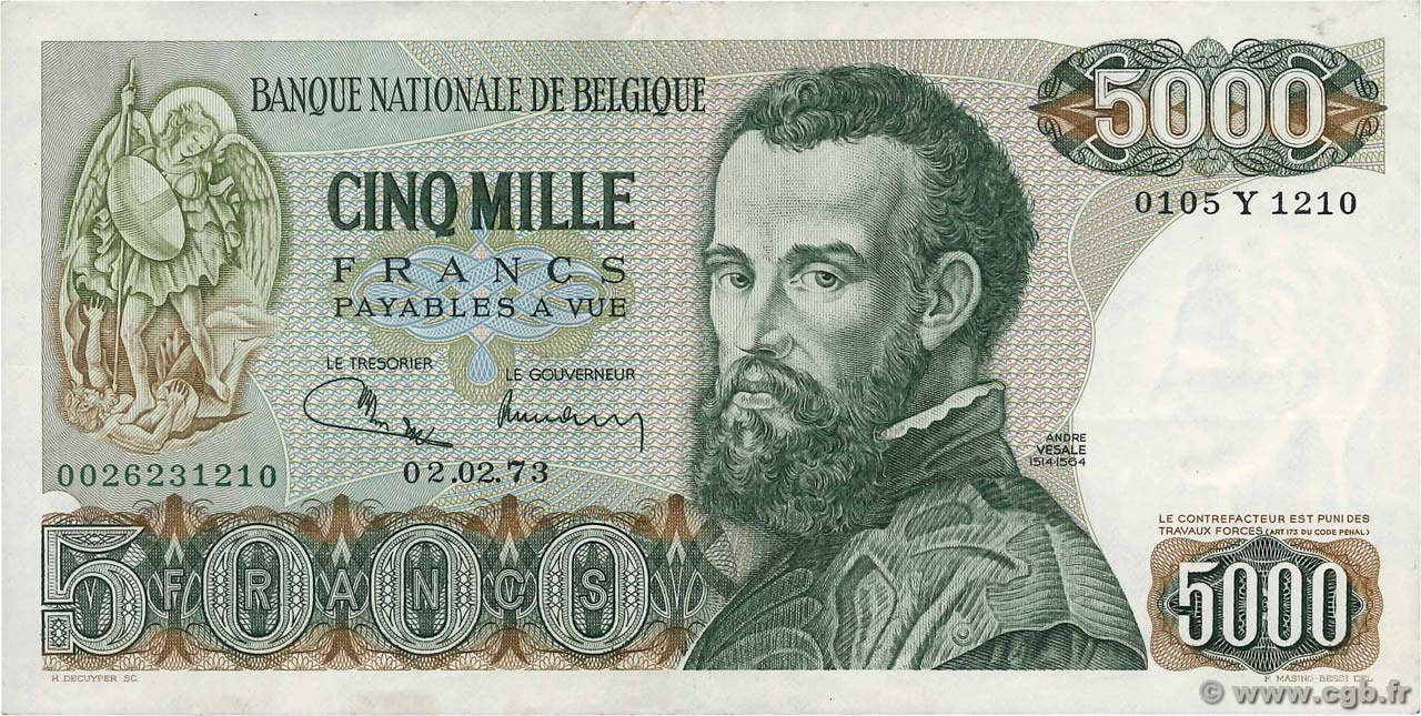 5000 Francs BELGIUM  1977 P.137a VF