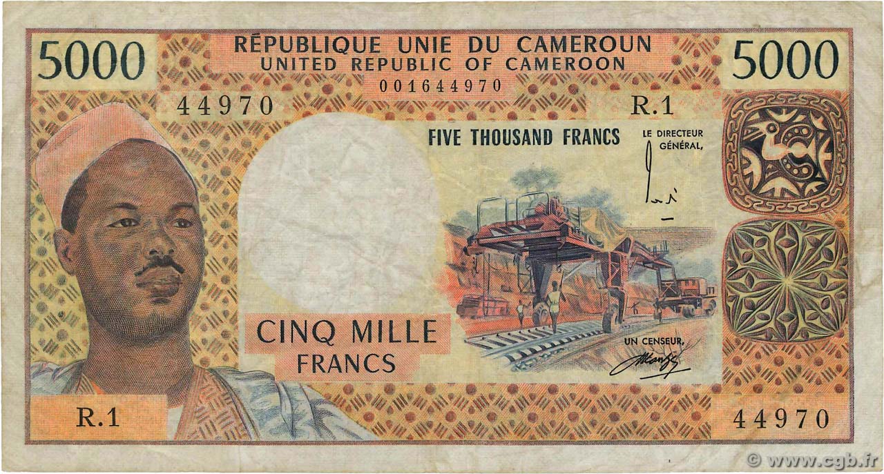 5000 Francs CAMEROON  1974 P.17b F+