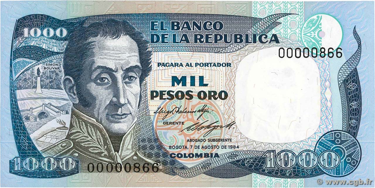 1000 Pesos Oro Petit numéro COLOMBIA  1984 P.424b UNC