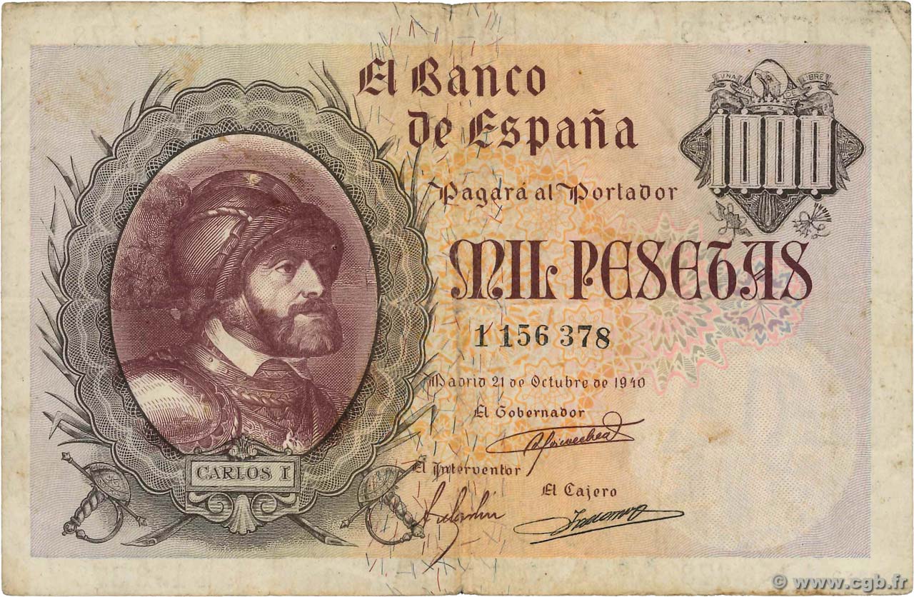 1000 Pesetas SPAIN  1940 P.125a VF-