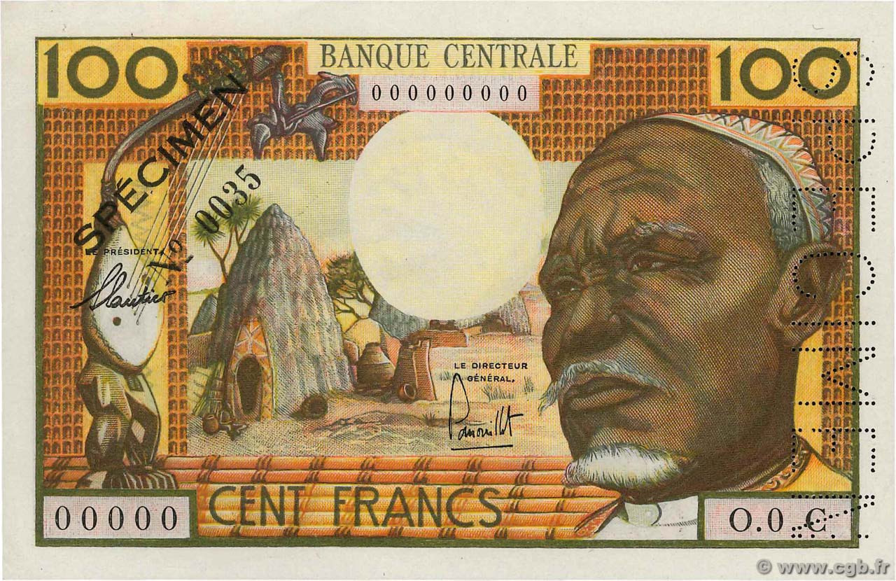 100 Francs Spécimen EQUATORIAL AFRICAN STATES (FRENCH)  1963 P.03cs XF