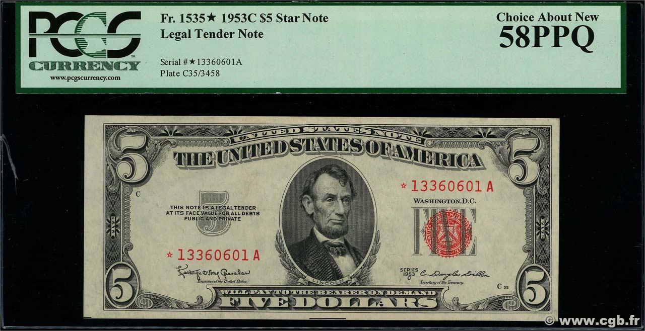 5 Dollars Remplacement STATI UNITI D AMERICA  1953 P.381cr q.AU