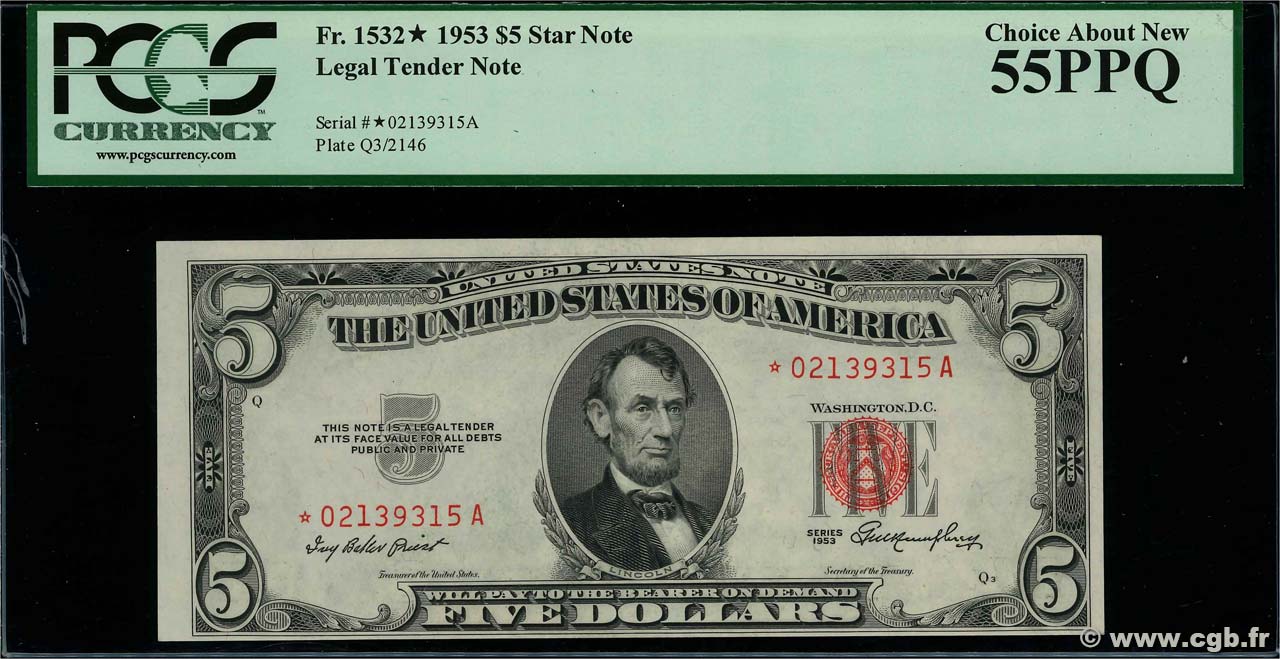 5 Dollars Remplacement STATI UNITI D AMERICA  1953 P.381r SPL+