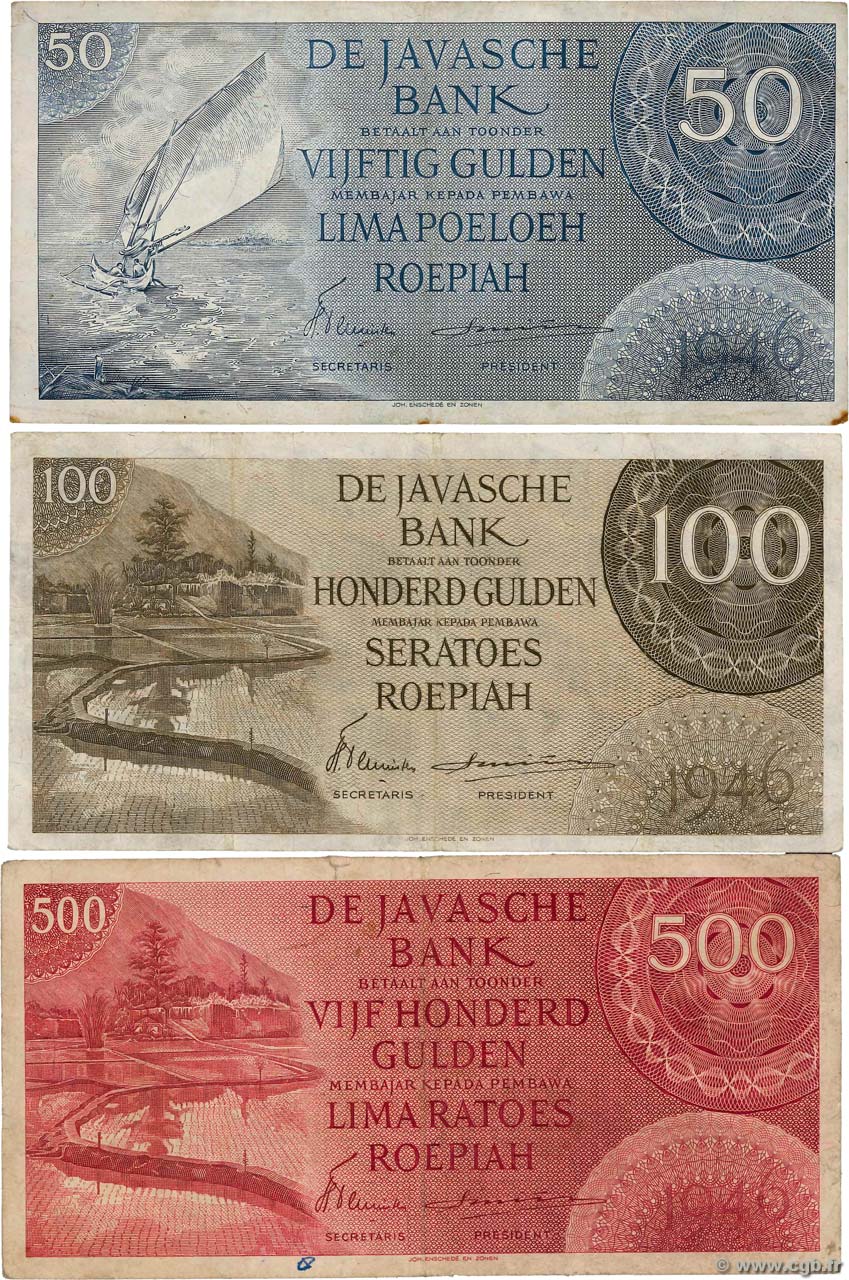 50, 100 et 500 Gulden INDIAS NEERLANDESAS  1946 P.093 à P.095 BC