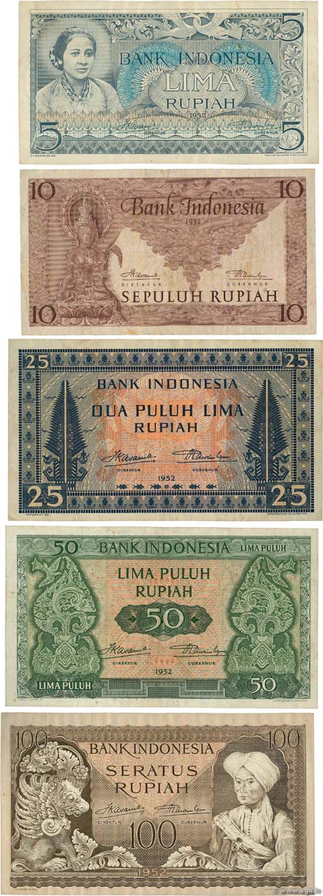 lot de 5 billets INDONESIA  1952 P.042 au P.046 MB a BB