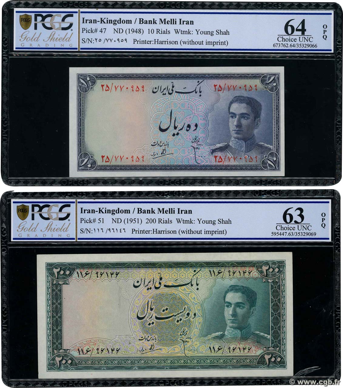 10 et 200 Rials IRAN  1951 P.047 et P.051 pr.NEUF