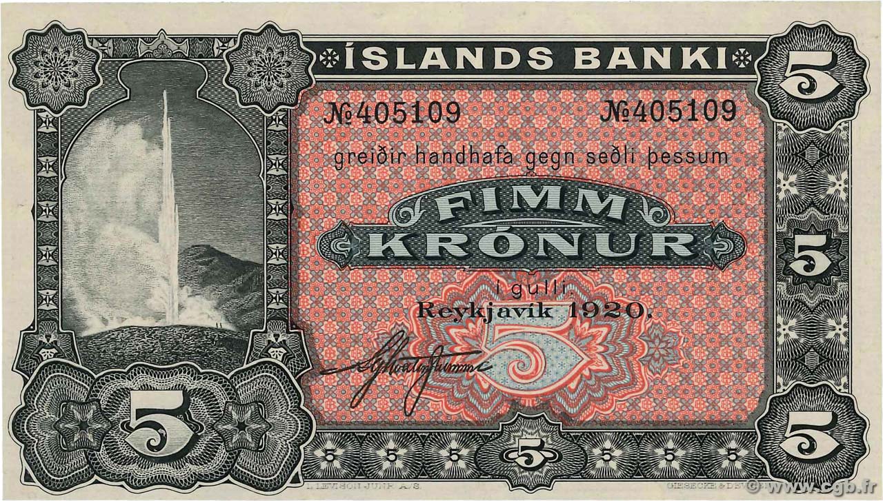 5 Kronur Non émis ISLANDIA  1920 P.15r FDC