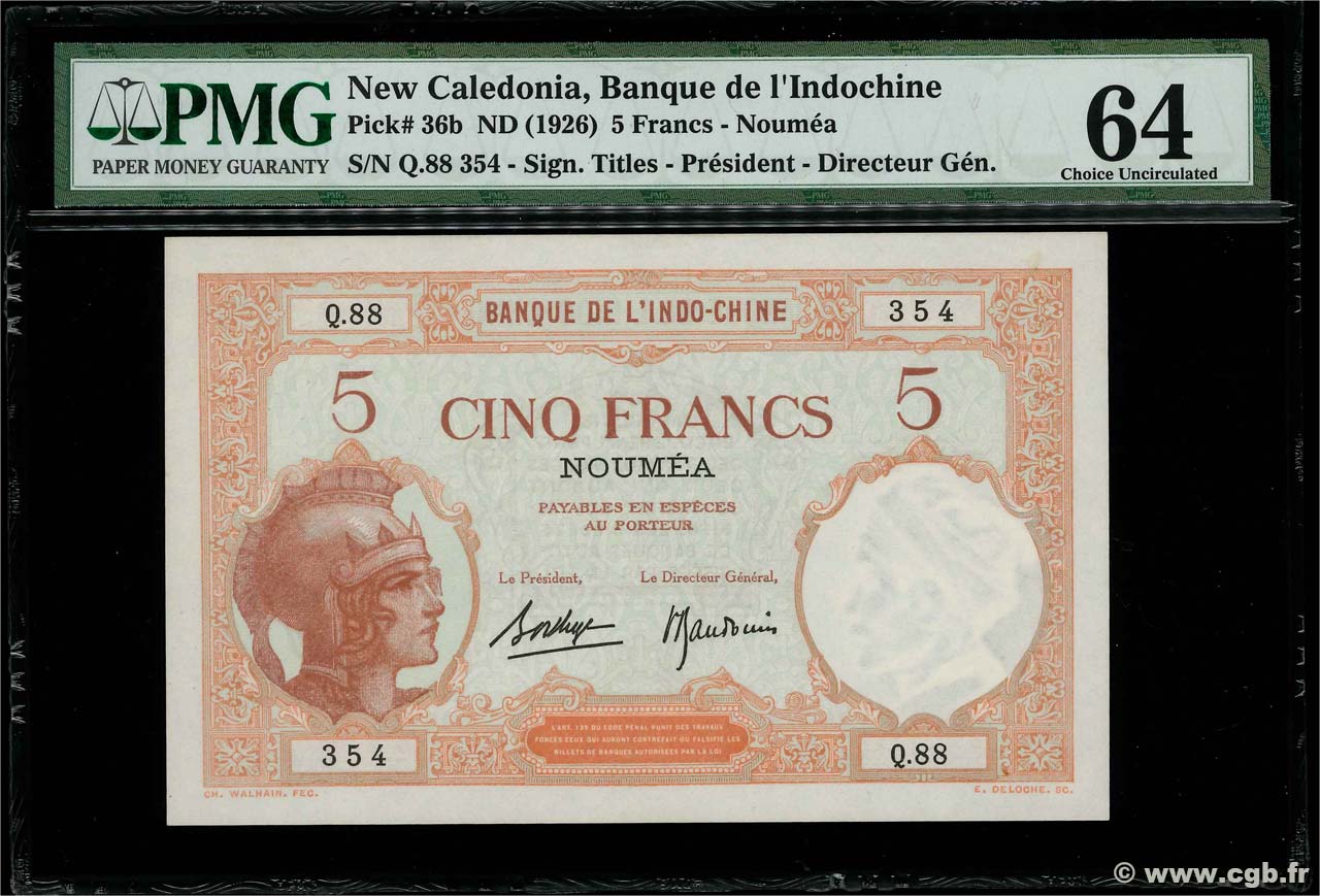 5 Francs NOUVELLE CALÉDONIE  1926 P.36b UNC-