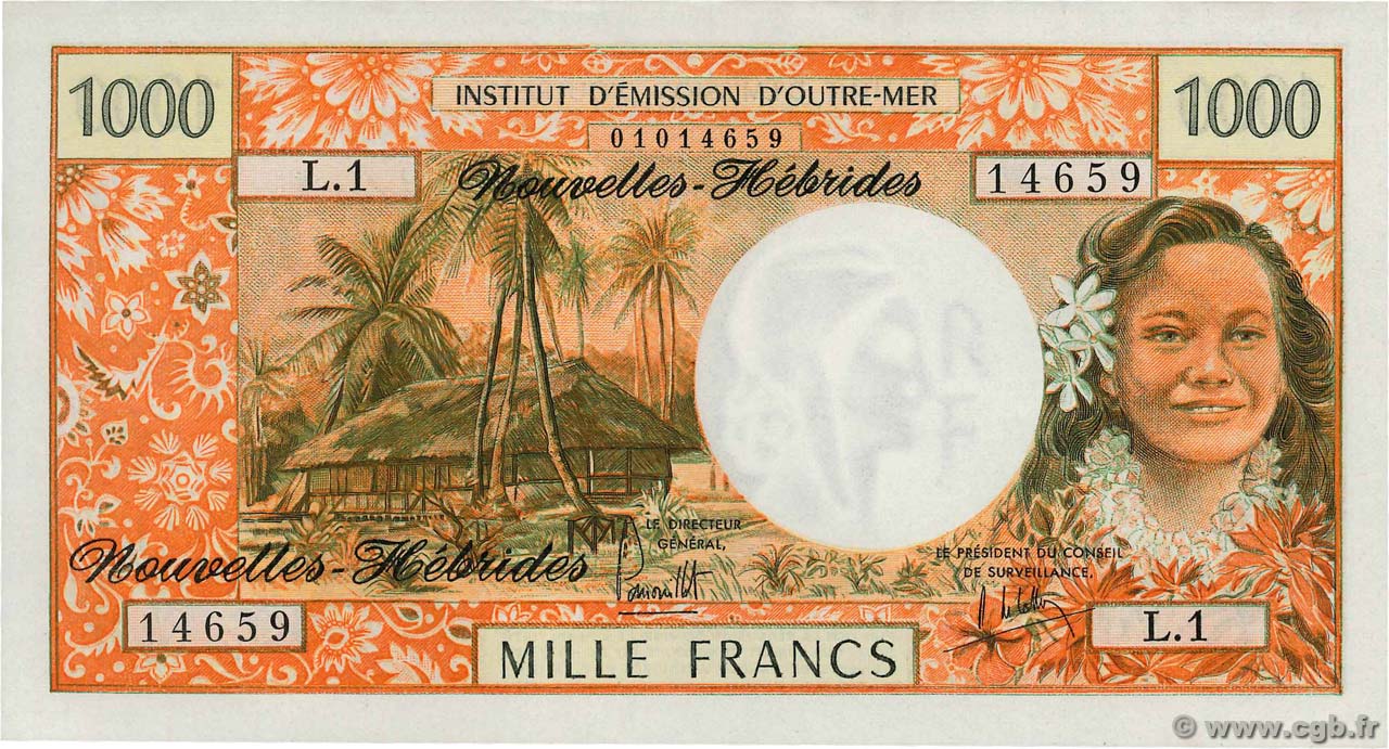 1000 Francs NUOVE EBRIDI  1975 P.20b q.FDC