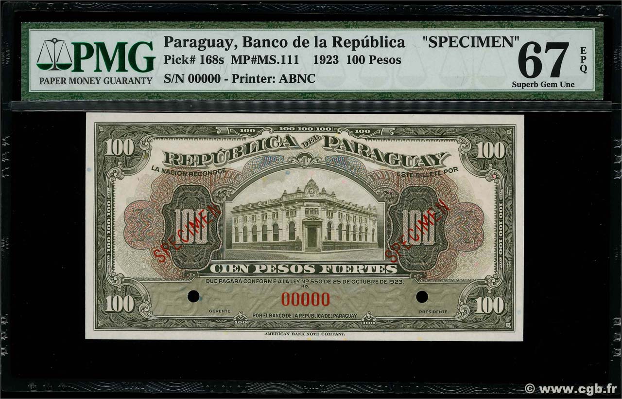 100 Pesos Fuertes Spécimen PARAGUAY  1923 P.168s NEUF
