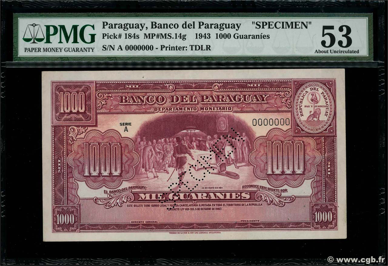 1000 Guaranies Spécimen PARAGUAY  1943 P.184s EBC